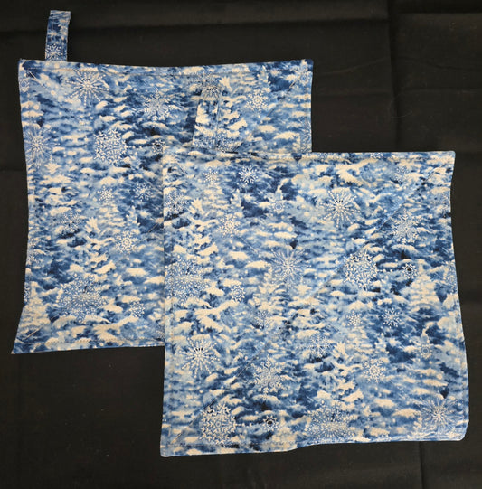 Blue Snow Trees Pot Holders
