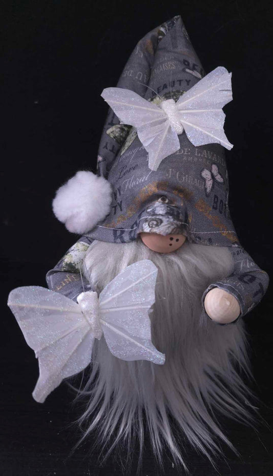 Gray Background White Butterfly Gnome