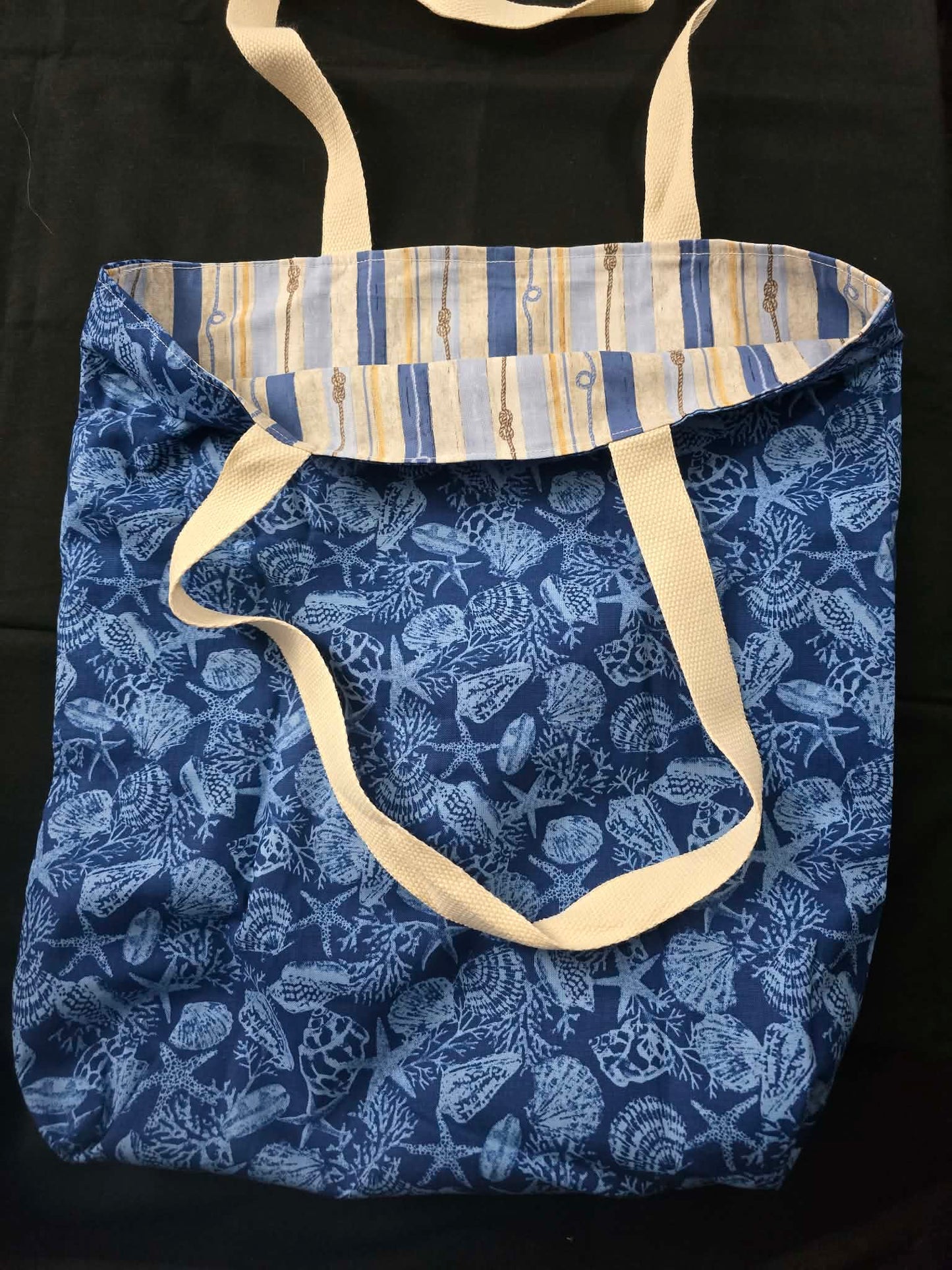 Dark Blue Sea Shells Fabric Tote Bag 18x16