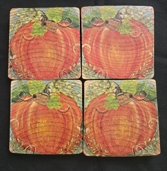 Set of Four 3.5 x 3.5 Orange Pumpkins Coasters