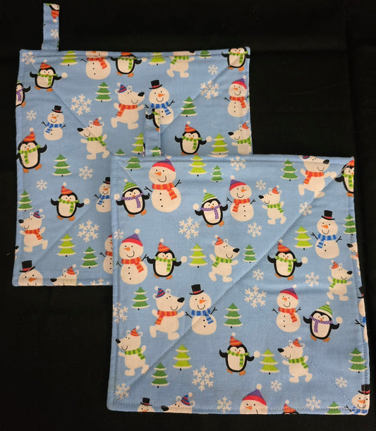 Light Blue Background Snowman Pot Holders