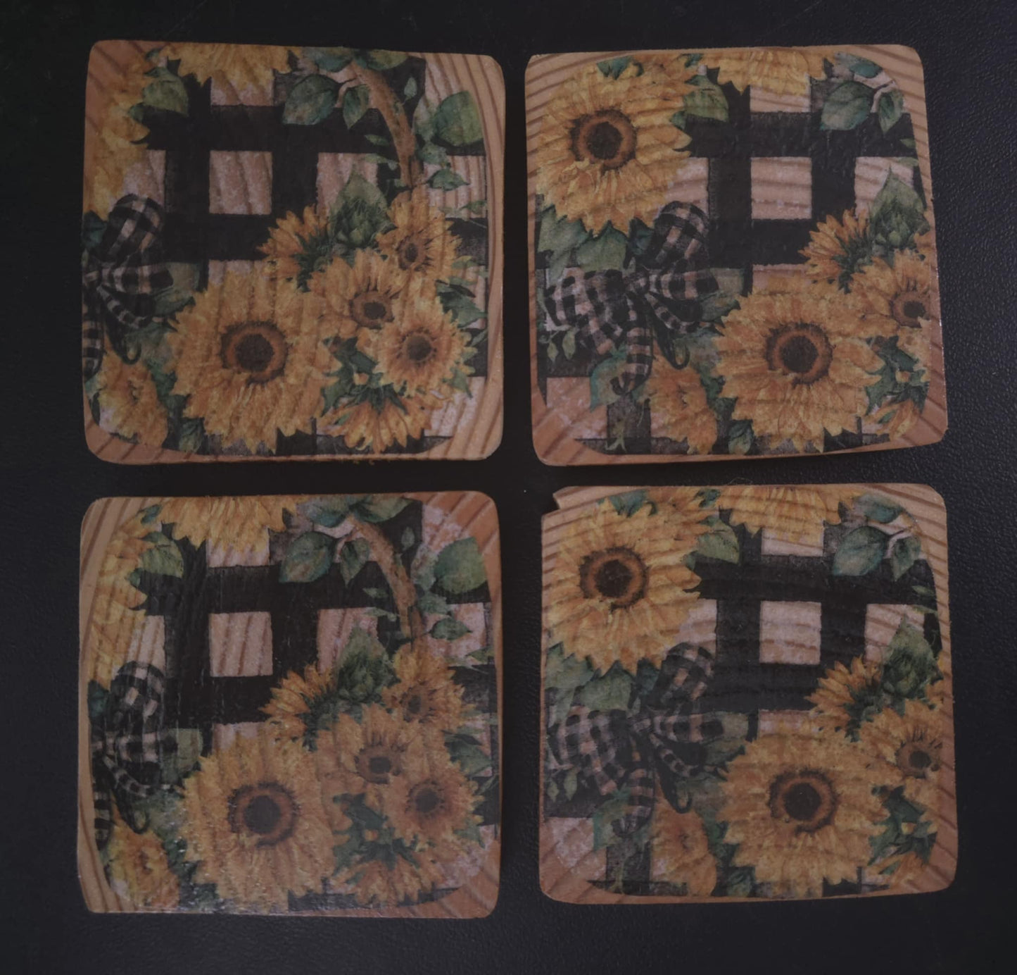 Set of Four 3.5 x 3.5 Sunflower Gingham Coasters