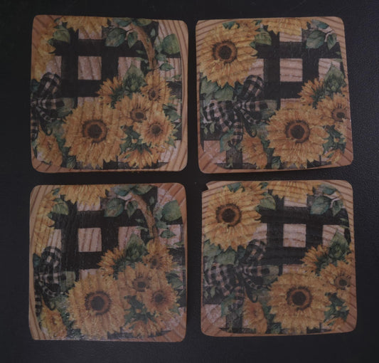 Set of Four 3.5 x 3.5 Sunflower Gingham Coasters