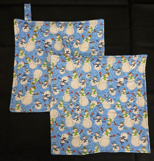 Blue Snowman Family Pot Holders